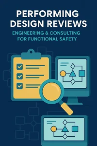 Infographic titled “Performing Design Reviews” with icons of a checklist, flow diagrams, computer screens, and magnifying glass.