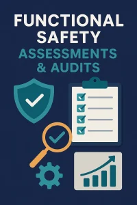 Vertical infographic for Functional Safety Assessments & Audits with a checklist, shield, and graph icon.