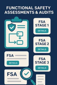 Multi-box infographic showing FSA Stages 1 through 3 with supporting checkmarks.