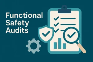 Horizontal graphic titled “Functional Safety Audits” with document and checkmark icons.