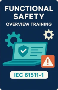 Vertical infographic titled “Functional Safety Overview Training” with icons for logic, checklist, and warning sign.