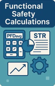 Vertical infographic titled “Functional Safety Calculations” with separate boxes for PFDavg and STR.