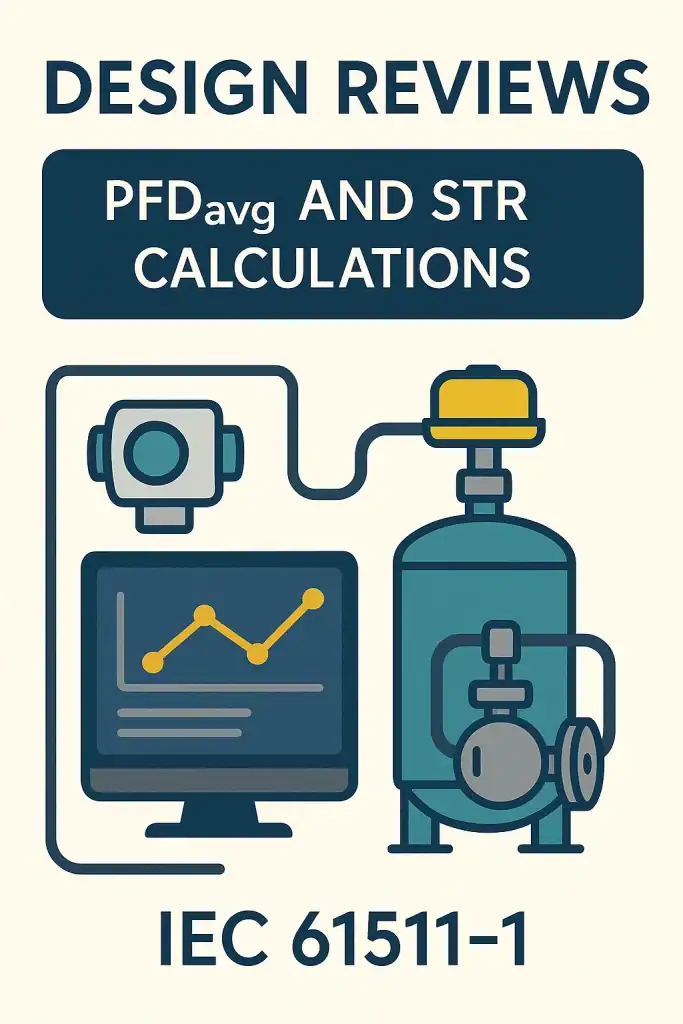 Vertical infographic with ISA-style control elements and calculation charts under IEC 61511-1.