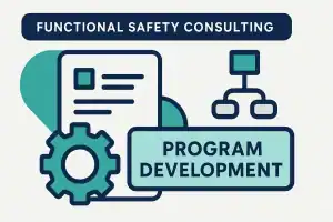 Infographic with checklist and gear icons labeled “Functional Safety Consulting – Program Development.”