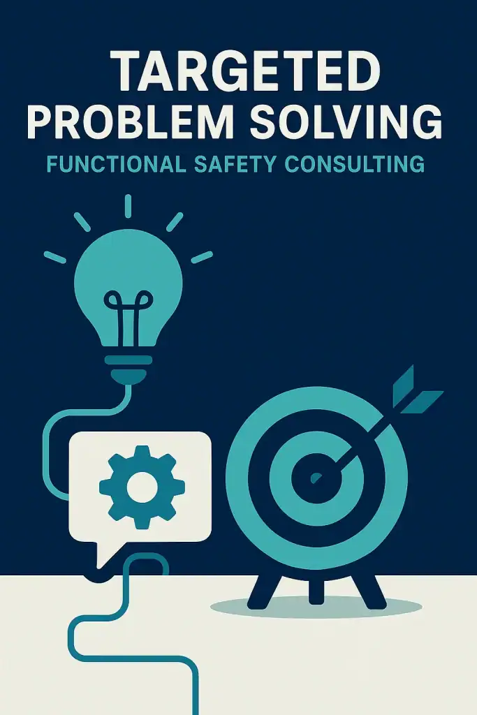 Horizontal infographic with a gear and target icon labeled “Targeted Problem Solving – Functional Safety Consulting.”