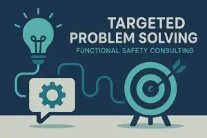 Horizontal infographic with a gear and target icon labeled “Targeted Problem Solving – Functional Safety Consulting.”