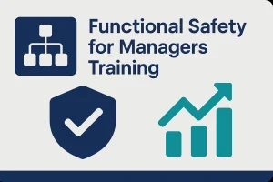 Horizontal graphic for “Functional Safety for Managers Training” with shield and upward graph.