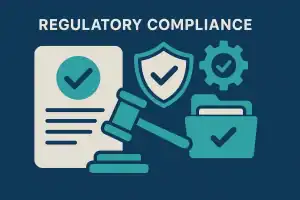 Infographic featuring shield, gavel, checkmark, and documents with the title “Regulatory Compliance.”