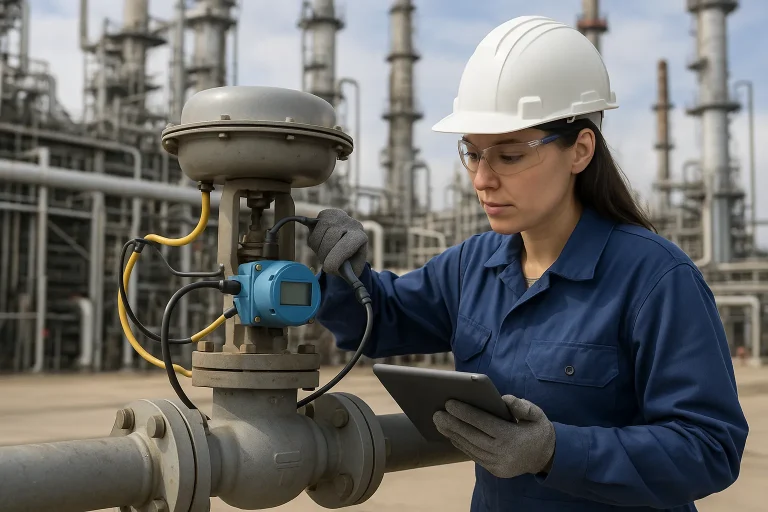 Female technician inspecting an industrial valve with a handheld device at a process facility