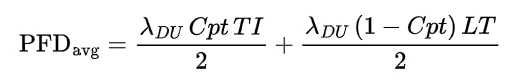 Mathematical equation for calculating PFDavg using proof test coverage (Cpt), test interval (TI), and SIS lifetime (LT) for SIL verification.