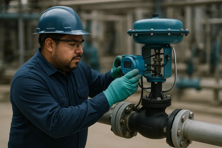 Hispanic man performing a proof test on a automated valve