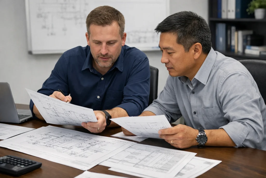 Two engineers reviewing technical drawings and specifications for a functional safety project