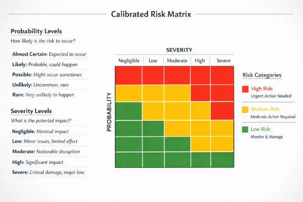 calibrated risk matrix showing probability and severity bins.