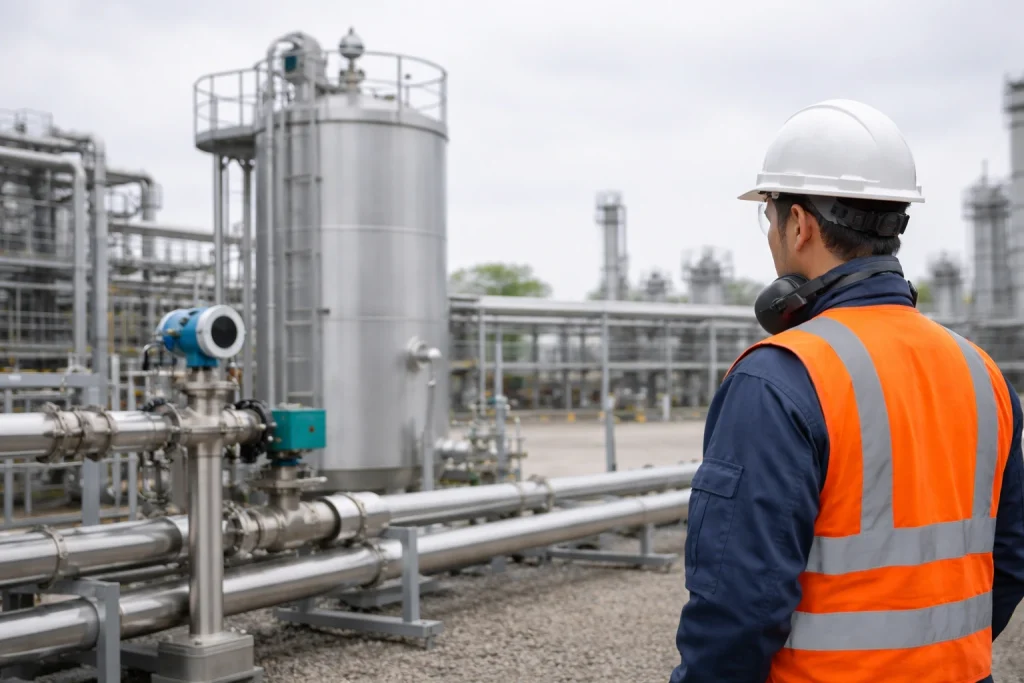 Engineer in PPE observing a clean industrial process area with simple equipment and piping, representing the functional safety (IEC 61511-1) framework in a real-world setting