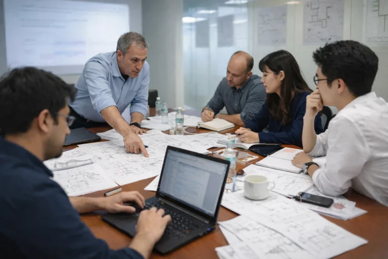 Five engineers in a HAZOP-style meeting around a cluttered conference table reviewing engineering drawings, with one facilitator leading the discussion and a participant typing on a laptop in the foreground.