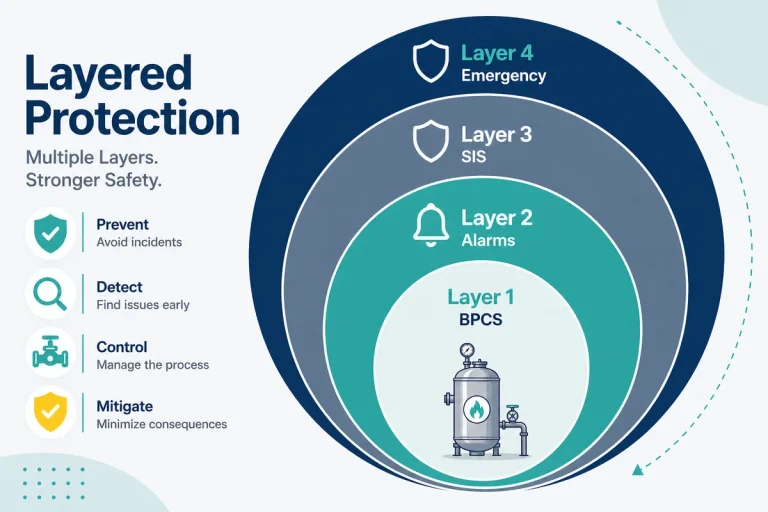 Layered protection diagram for LOPA showing four protection layers around a process vessel: Layer 1 BPCS, Layer 2 alarms, Layer 3 SIS, Layer 4 emergency response, illustrating the prevent, detect, control, and mitigate methodology.