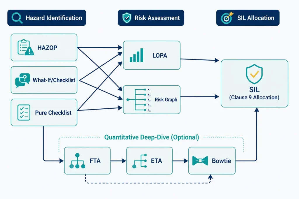 Hazard and risk analysis methods diagram showing HAZOP, What-If, LOPA, risk graph, FTA, ETA, and bowtie in an IEC 61511 H&RA workflow