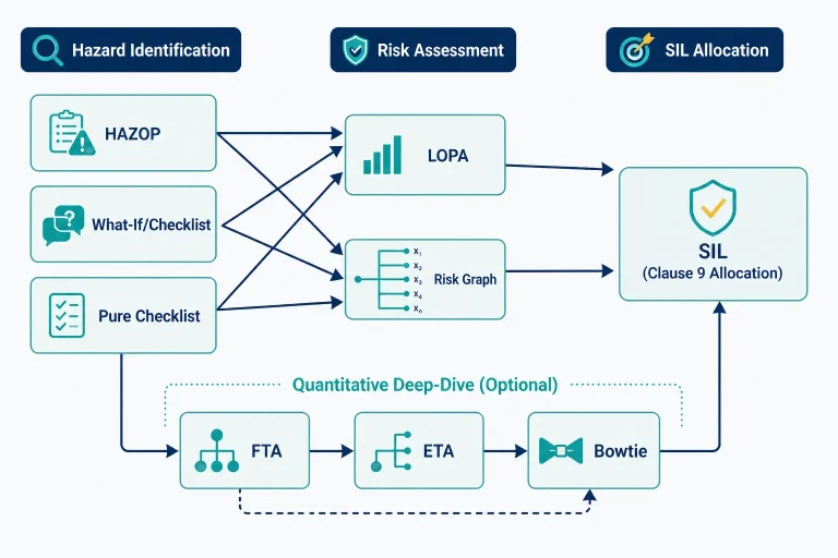 Hazard and risk analysis methods diagram showing HAZOP, What-If, LOPA, risk graph, FTA, ETA, and bowtie in an IEC 61511 H&RA workflow