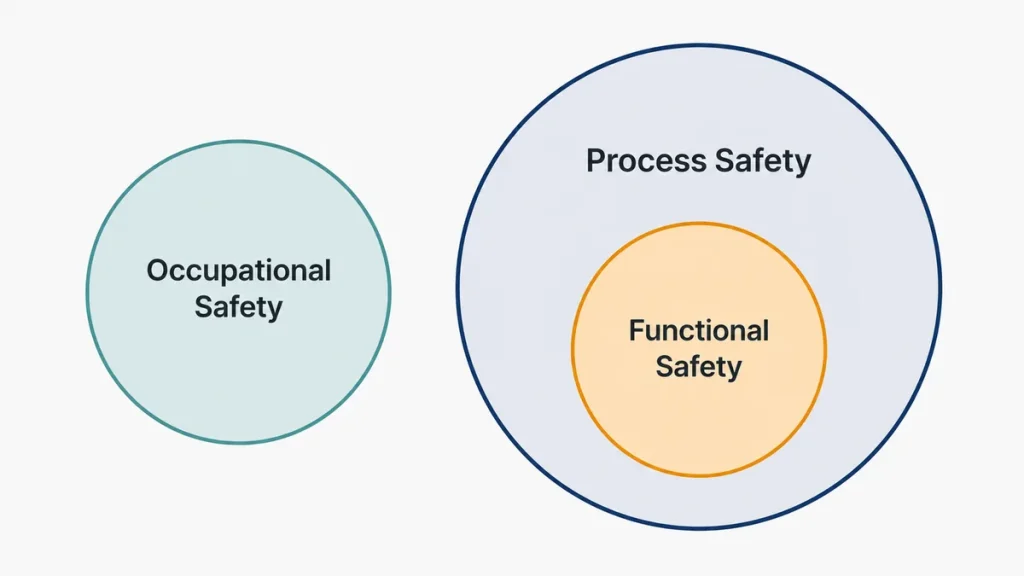Venn diagram showing occupational safety as a separate circle from process safety, with functional safety nested inside process safety.