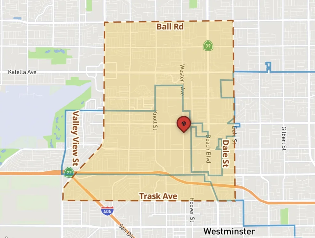 Map of Garden Grove, California showing the approximately nine-square-mile evacuation zone around the GKN Aerospace facility during the May 2026 methyl methacrylate tank emergency.