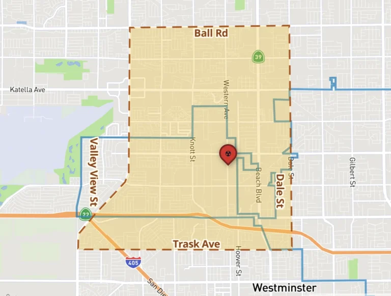 Map of Garden Grove, California showing the approximately nine-square-mile evacuation zone around the GKN Aerospace facility during the May 2026 methyl methacrylate tank emergency.