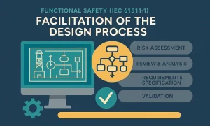 Design process facilitation infographic showing a monitor with logic diagrams and key SIS design steps.