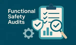 Functional Safety Audits infographic with document and checkmark icons for existing facilities.