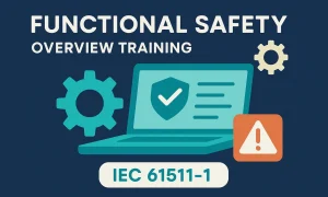 Functional Safety Overview training infographic: a laptop showing a safety checklist with a verified shield checkmark, interlocking gears, and a hazard warning symbol, referencing IEC 61511-1.