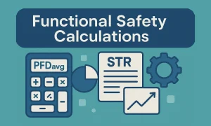 Functional Safety Calculations training infographic: a calculator labeled PFDavg, an STR document, a pie chart, a trend chart, and a gear, illustrating PFDavg and STR calculation training.