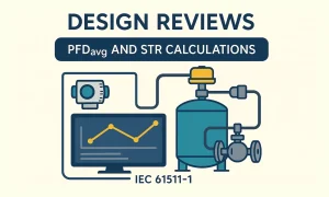 PFDavg and Spurious Trip Rate (STR) calculations infographic for SIS design reviews, referencing IEC 61511-1.