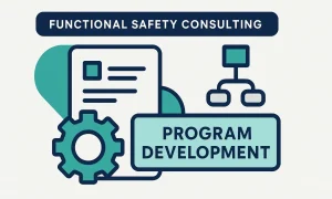 Functional Safety Consulting Program Development infographic: a checklist document, a gear, and an organizational chart, representing functional safety program and procedure development.
