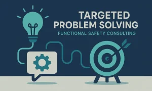 Targeted Problem Solving infographic: a lightbulb, a gear in a speech bubble, and a target with arrows in the bullseye, representing targeted functional safety problem solving.