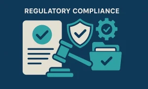Regulatory Compliance infographic: a verified document, a gavel, a shield with a checkmark, a gear, and a folder with a checkmark, representing functional safety regulatory compliance.