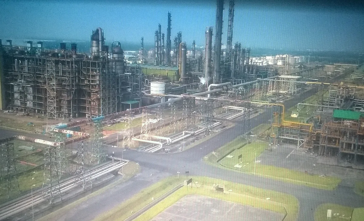 The Haldia Petrochemicals complex in West Bengal, India, showing above-ground pipe racks of the kind involved in the 2026 naphtha pipeline fire