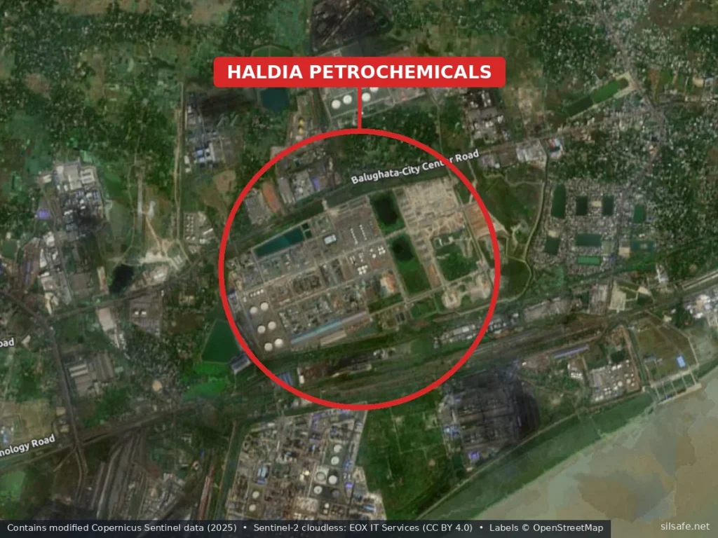 Satellite view of the Haldia Petrochemicals complex in West Bengal, India, site of the June 2026 naphtha pipeline fire, marked with a red circle