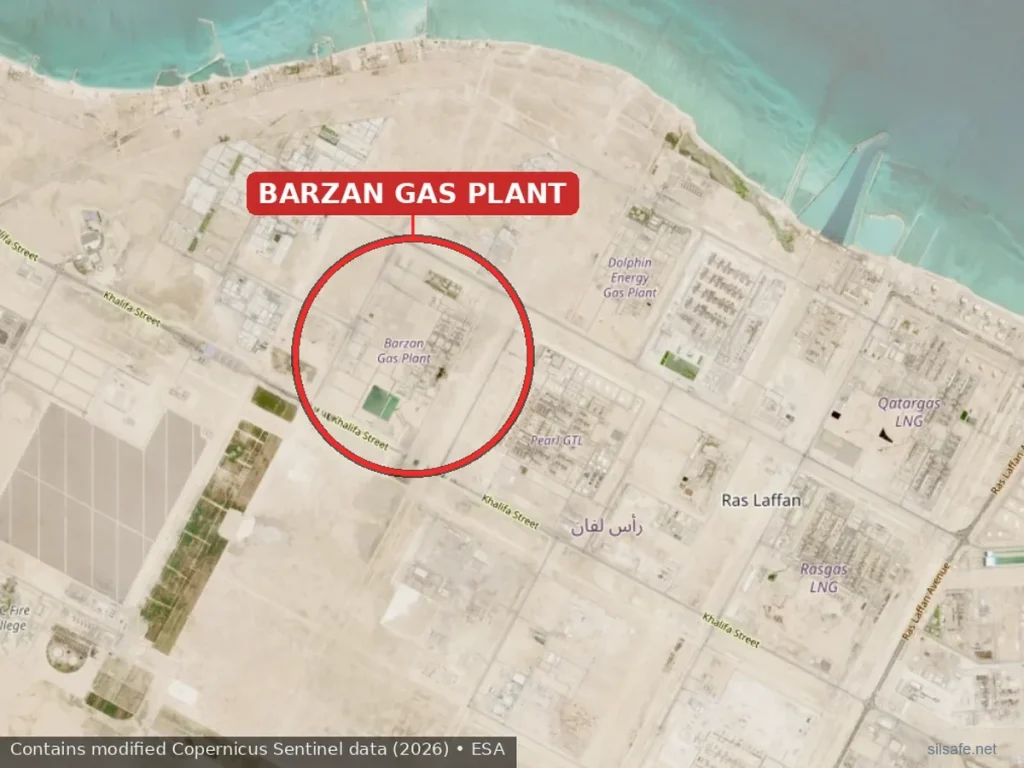 Satellite view of the Barzan gas plant at Qatar’s Ras Laffan Industrial City, site of the June 2026 explosion, marked with a red circle