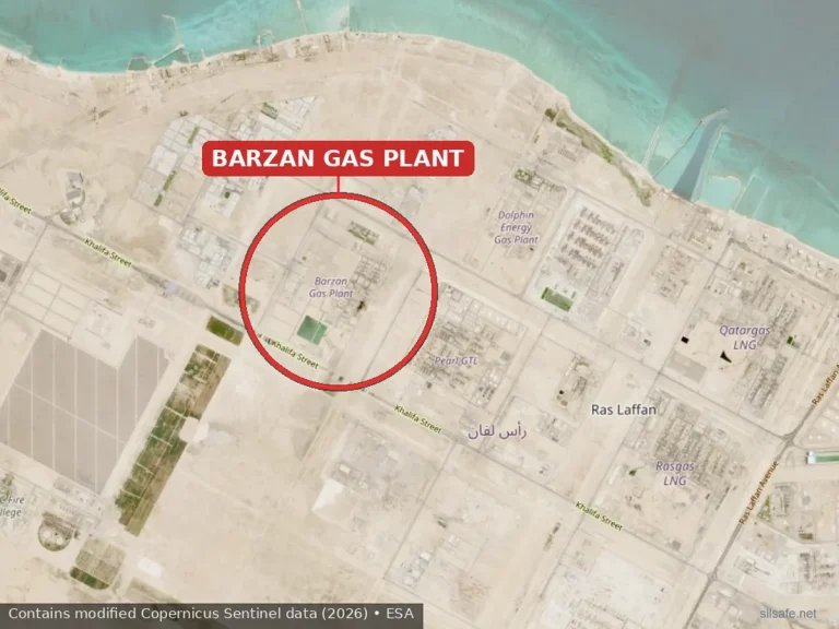 Satellite view of the Barzan gas plant at Qatar’s Ras Laffan Industrial City, site of the June 2026 explosion, marked with a red circle