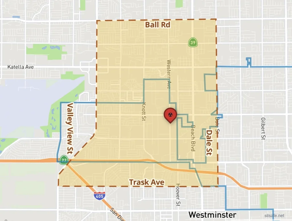 Map of Garden Grove, California showing the approximately nine-square-mile evacuation zone around the GKN Aerospace facility during the May 2026 methyl methacrylate tank emergency.