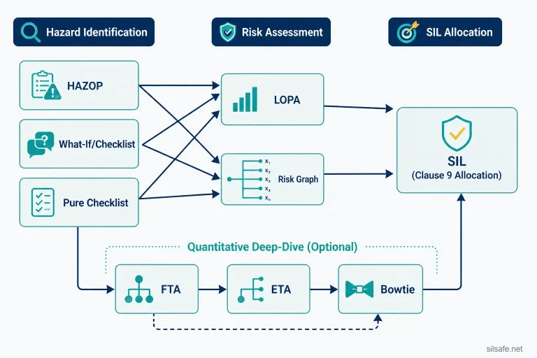 Hazard and risk analysis methods diagram showing HAZOP, What-If, LOPA, risk graph, FTA, ETA, and bowtie in an IEC 61511 H&RA workflow