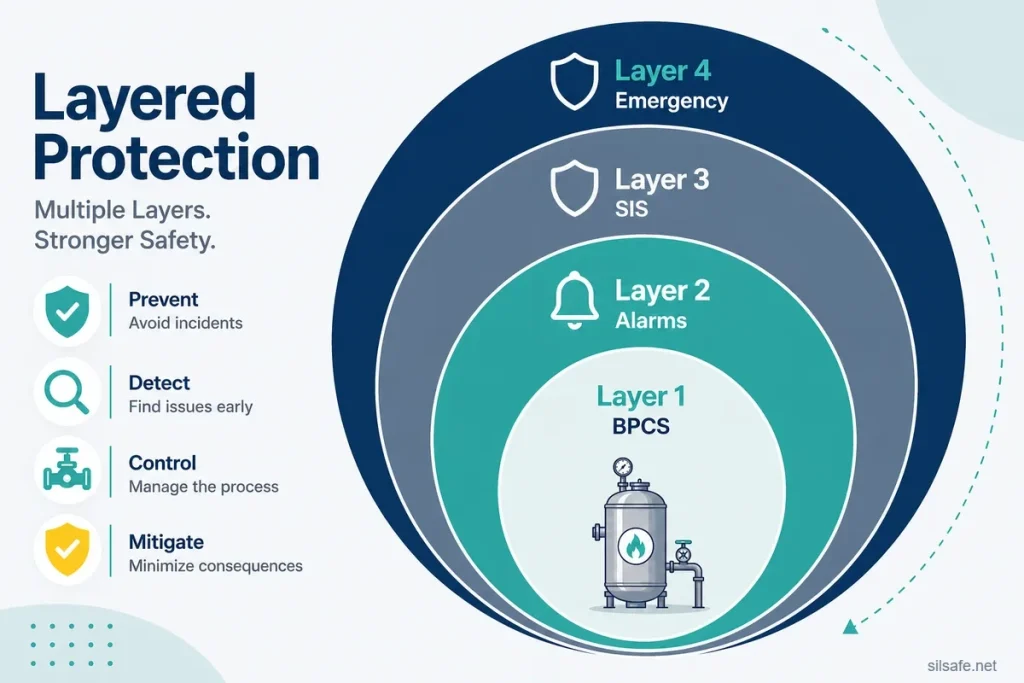 Layered protection diagram for LOPA showing four protection layers around a process vessel: Layer 1 BPCS, Layer 2 alarms, Layer 3 SIS, Layer 4 emergency response, illustrating the prevent, detect, control, and mitigate methodology.