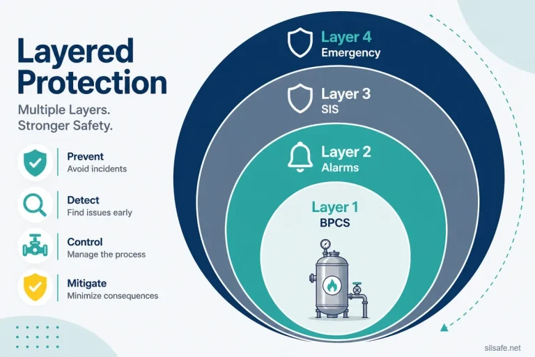 Layered protection diagram for LOPA showing four protection layers around a process vessel: Layer 1 BPCS, Layer 2 alarms, Layer 3 SIS, Layer 4 emergency response, illustrating the prevent, detect, control, and mitigate methodology.