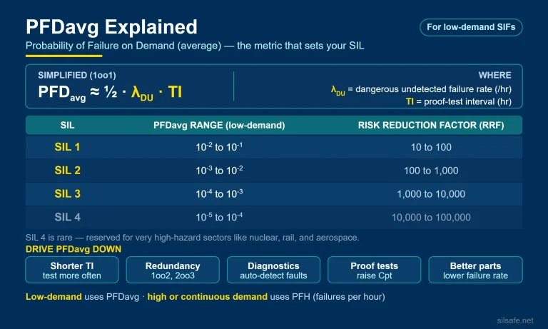 Infographic: PFDavg for low-demand SIFs — the simplified 1oo1 equation, the SIL to PFDavg to RRF table, and the levers that drive PFDavg down
