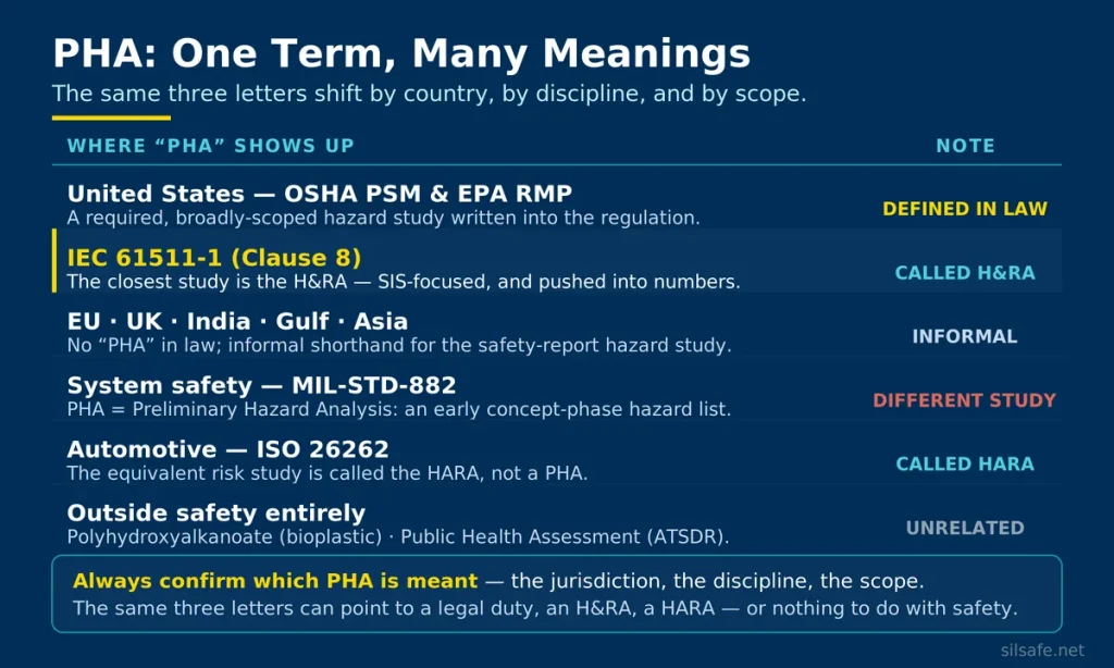 Process hazard analysis (PHA): a table of how the term is used across contexts — a defined legal term under US OSHA PSM and EPA RMP, called the H&RA under IEC 61511-1, informal in the EU and UK, a different Preliminary Hazard Analysis under MIL-STD-882, the HARA under ISO 26262, and unrelated meanings outside process safety.