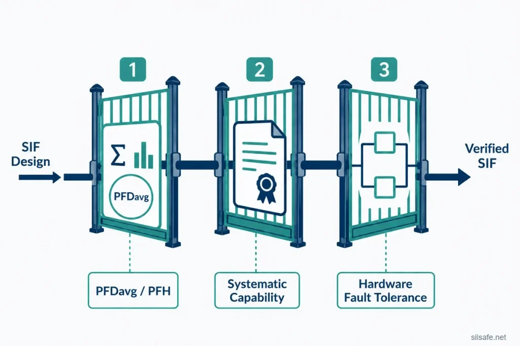 SIL verification three gates diagram: PFDavg, systematic capability, and architectural constraints under IEC 61511 Clause 11