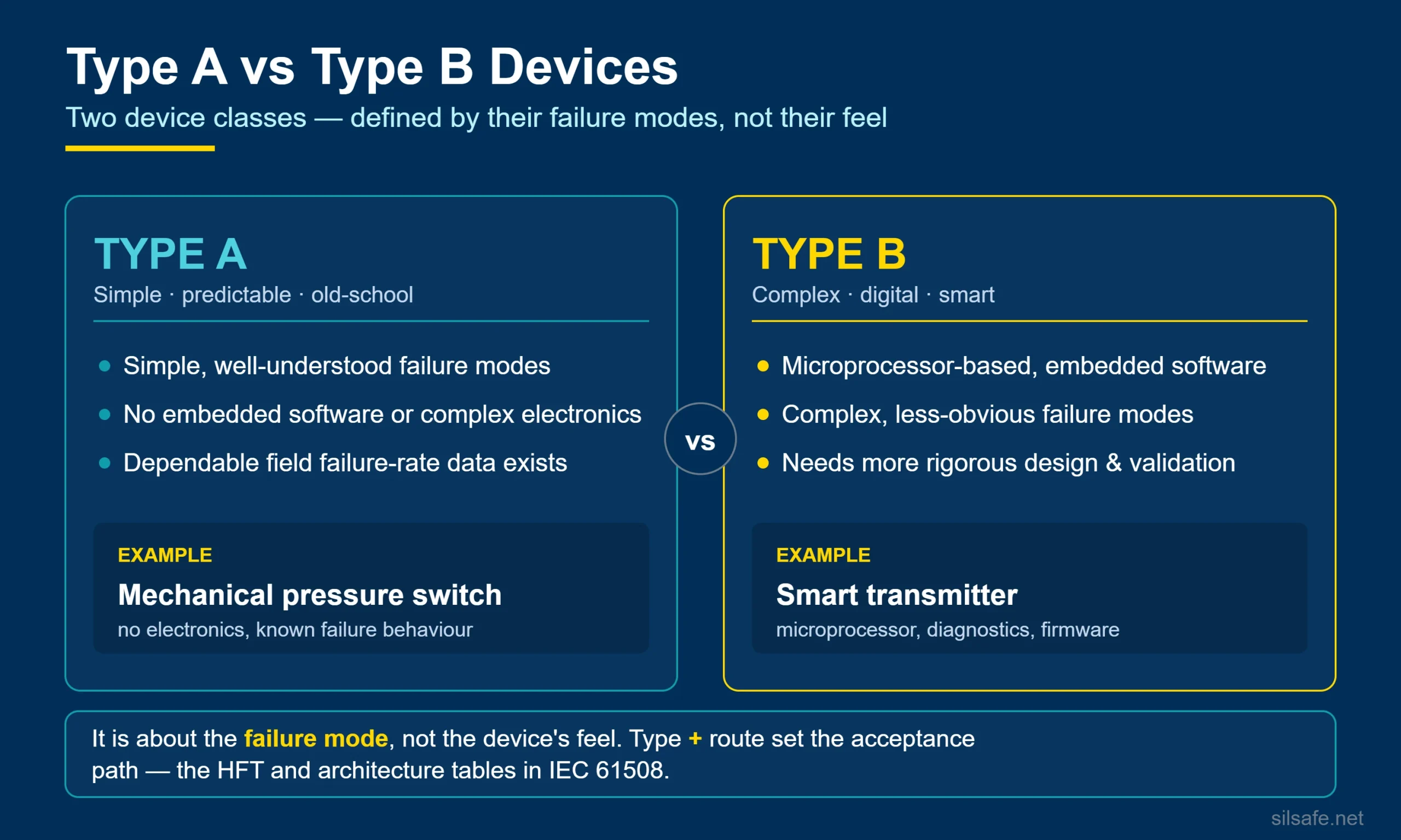 Type A vs Type B devices infographic comparing simple well-understood devices with complex microprocessor-based devices.