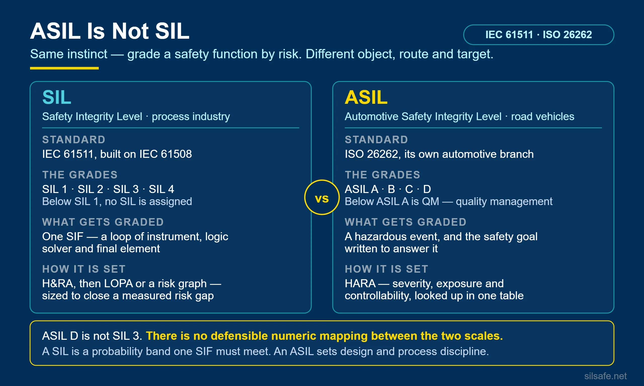 Comparison infographic contrasting SIL under IEC 61511 with ASIL under ISO 26262 across the standard, the grades, what gets graded, and how the level is set.