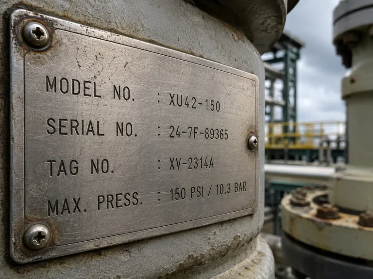 Weathered stainless nameplate on a process valve showing model, serial, tag number and max pressure, but no failure rate data