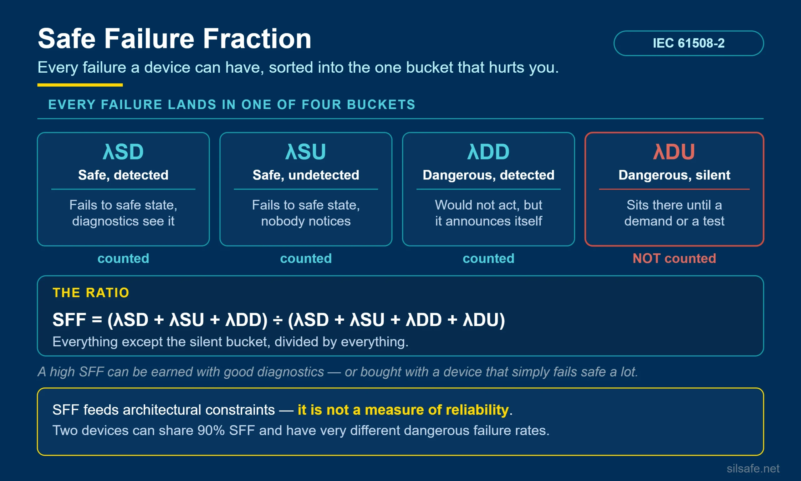 Infographic splitting device failures into lambda SD, SU, DD and DU, showing which count toward safe failure fraction and the SFF ratio