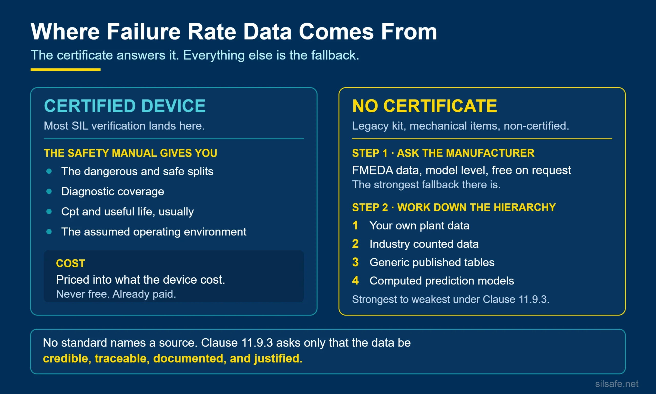 Infographic: where failure rate data comes from, comparing a certified device safety manual against the fallback hierarchy when there is no SIL certificate