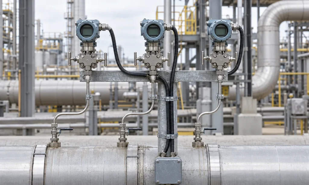 Three pressure transmitters on separate process taps in a 2oo3 voting arrangement